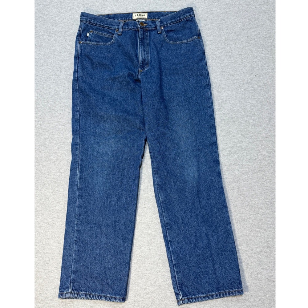 LL Bean Mens Classic Fit Flannel Lined Jeans 36x30 Blue Denim Plaid 100220